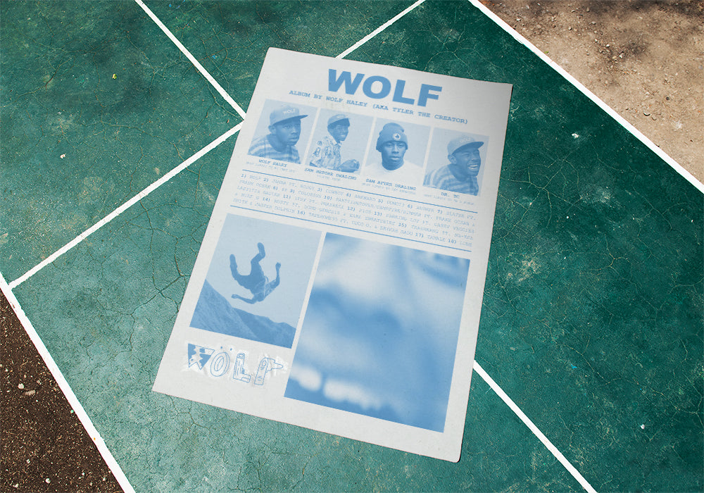 "WOLF" Tyler the Creator Yearbook-Style Vintage Poster in Newspaper Blue