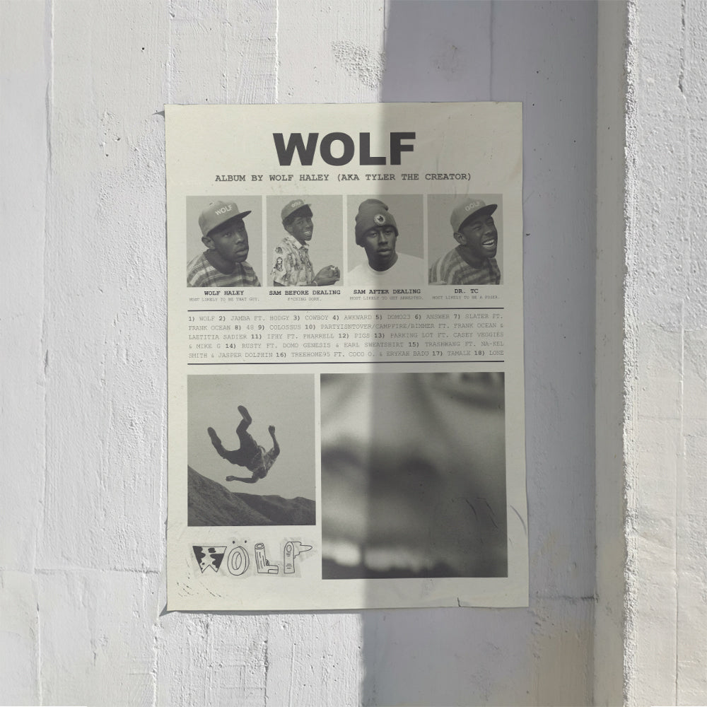 "WOLF" Tyler the Creator Yearbook-Style Vintage Poster in Newspaper Black