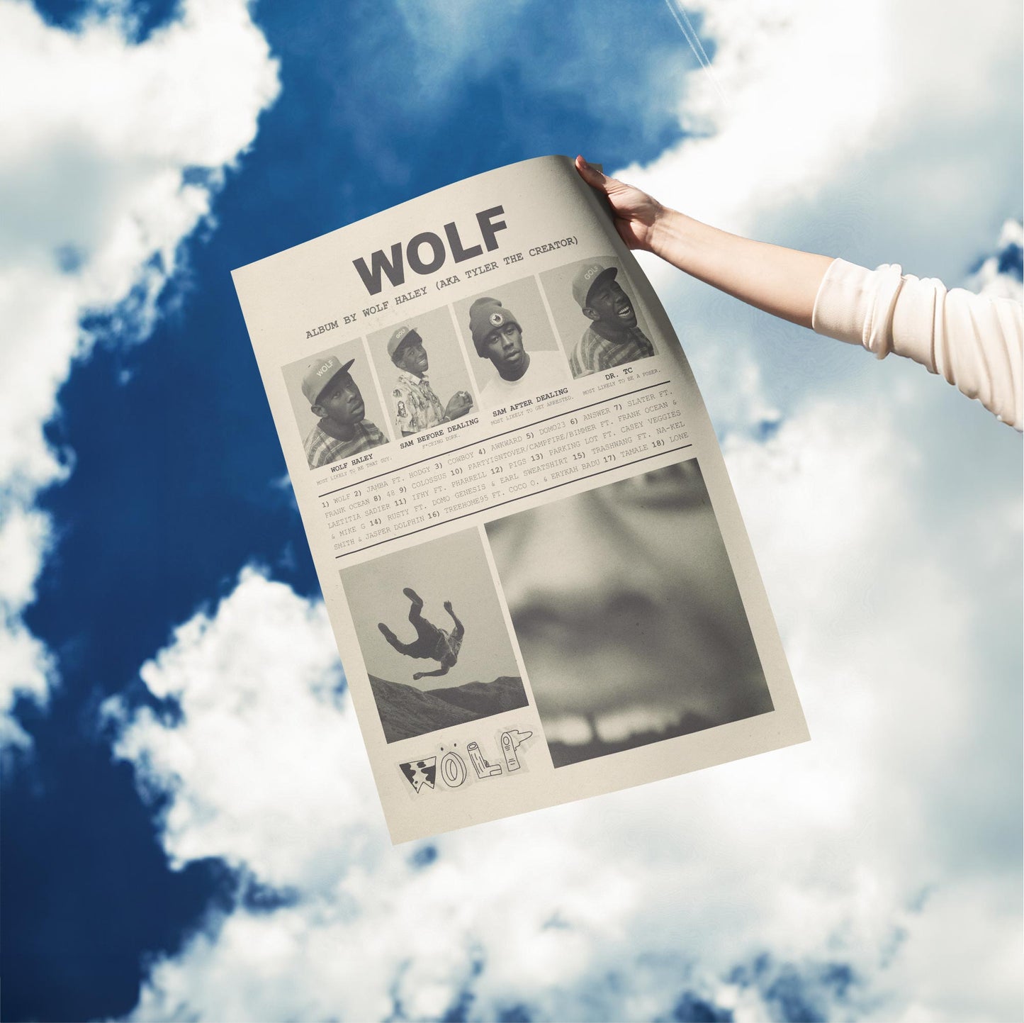 "WOLF" Tyler the Creator Yearbook-Style Vintage Poster in Newspaper Black
