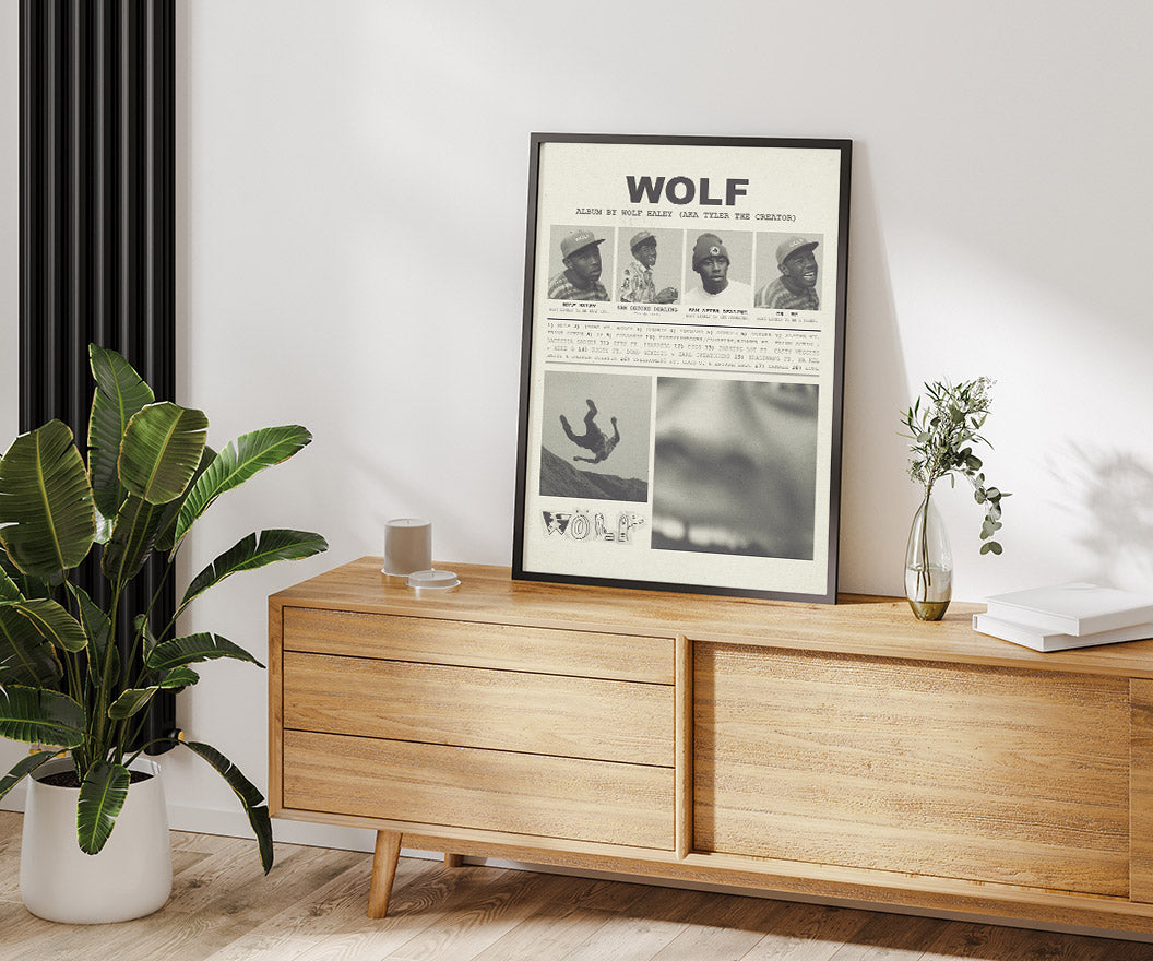 "WOLF" Tyler the Creator Yearbook-Style Vintage Poster in Newspaper Black