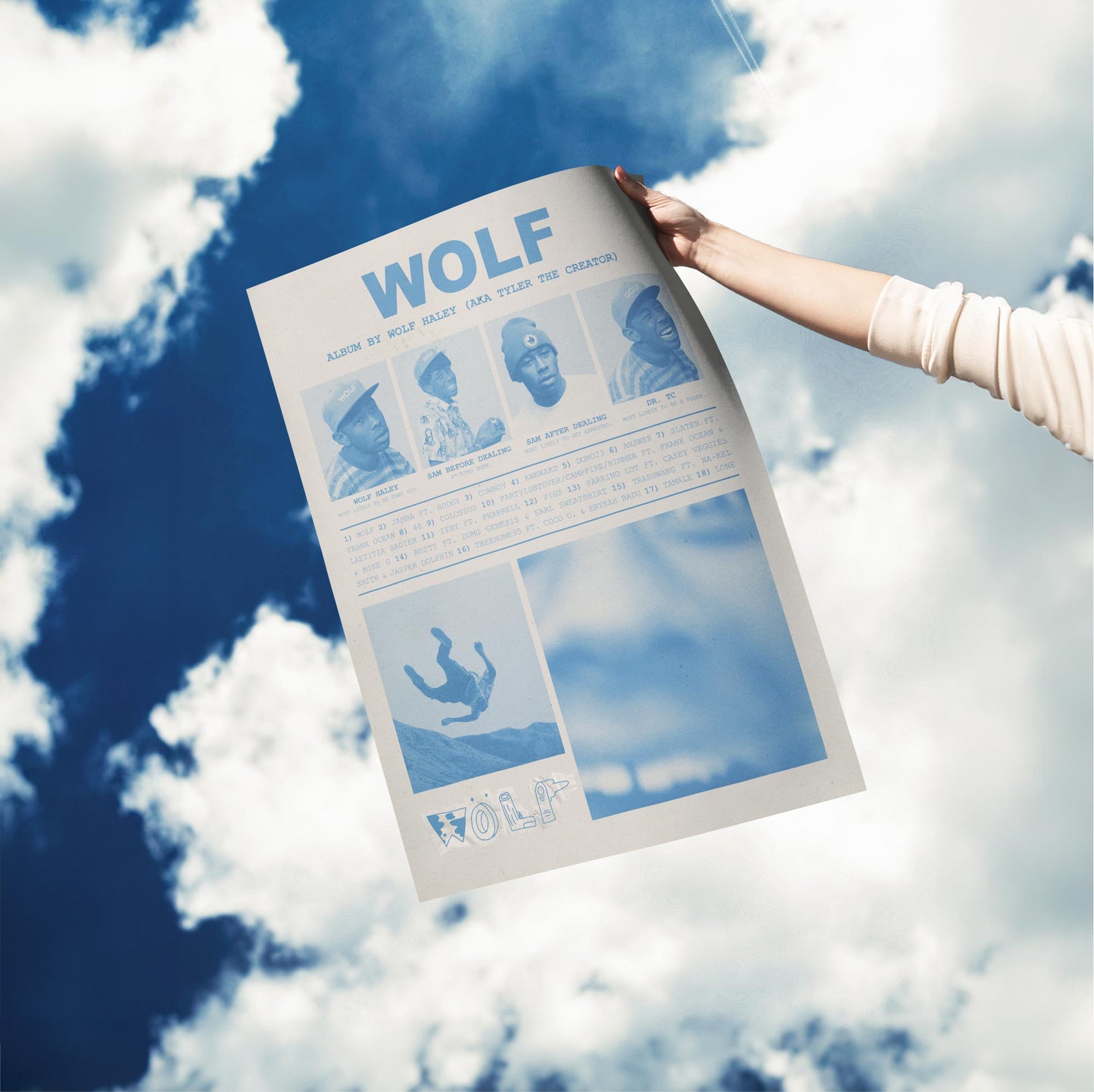 "WOLF" Tyler the Creator Yearbook-Style Vintage Poster in Newspaper Blue
