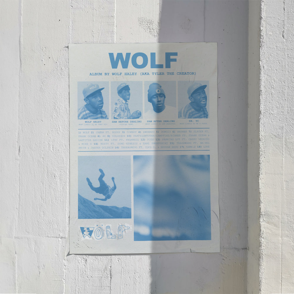 "WOLF" Tyler the Creator Yearbook-Style Vintage Poster in Newspaper Blue
