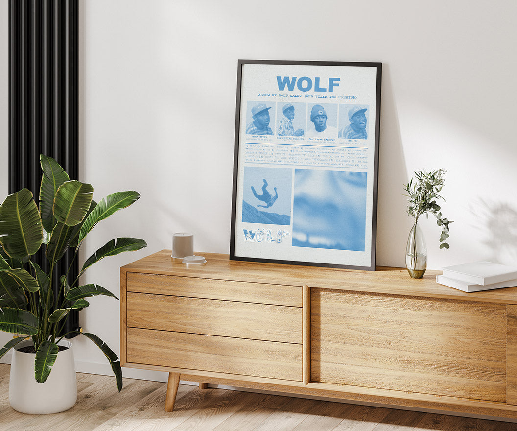 "WOLF" Tyler the Creator Yearbook-Style Vintage Poster in Newspaper Blue