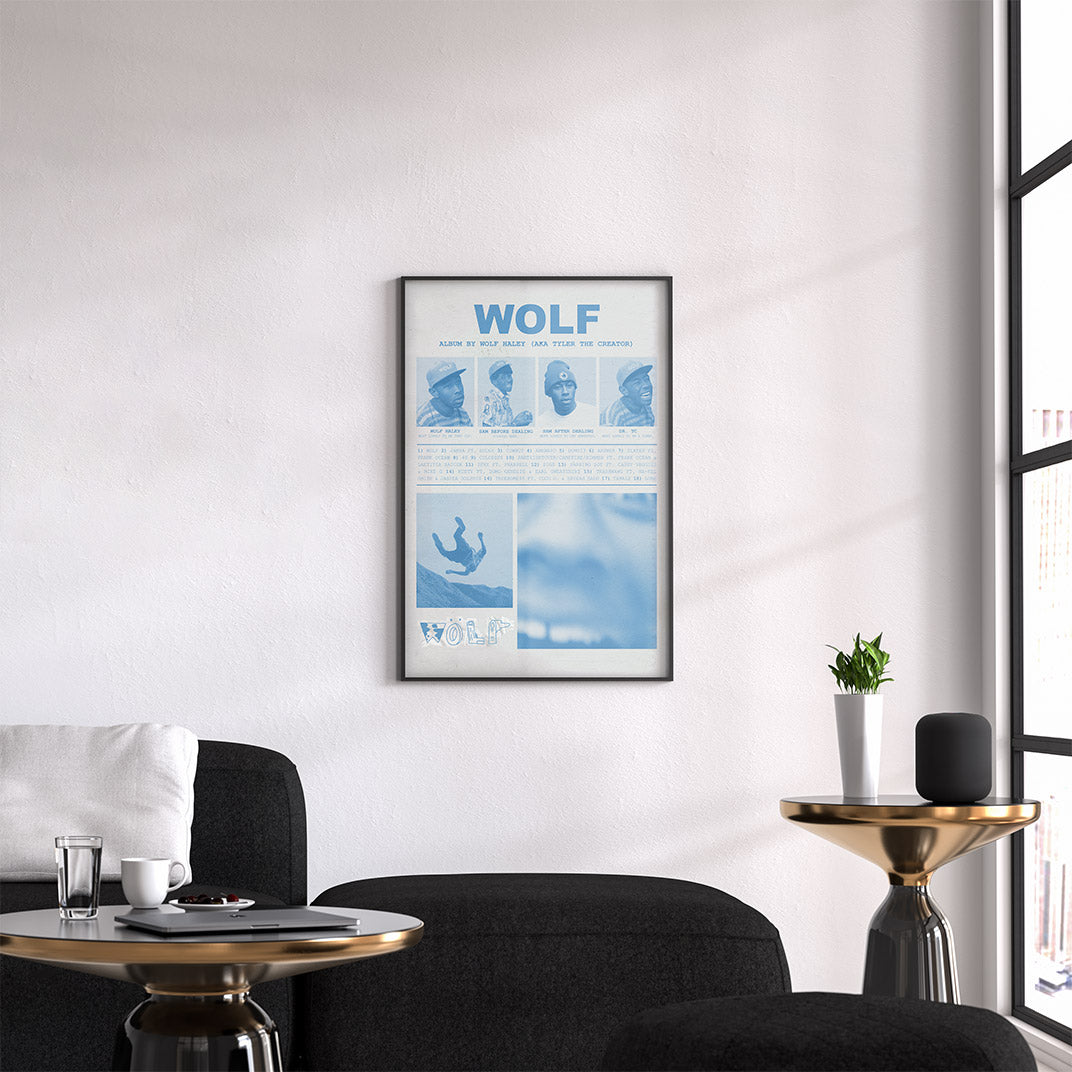 "WOLF" Tyler the Creator Yearbook-Style Vintage Poster in Newspaper Blue