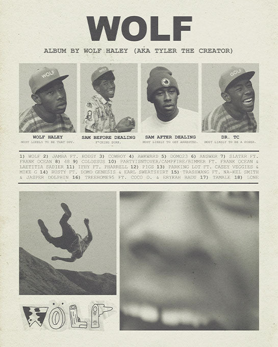 "WOLF" Tyler the Creator Yearbook-Style Vintage Poster in Newspaper Black