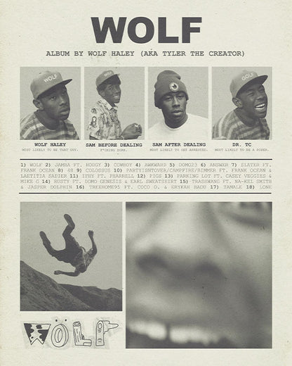 "WOLF" Tyler the Creator Yearbook-Style Vintage Poster in Newspaper Black