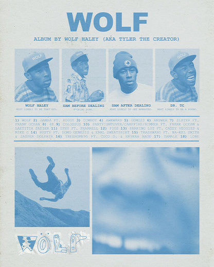 "WOLF" Tyler the Creator Yearbook-Style Vintage Poster in Newspaper Blue