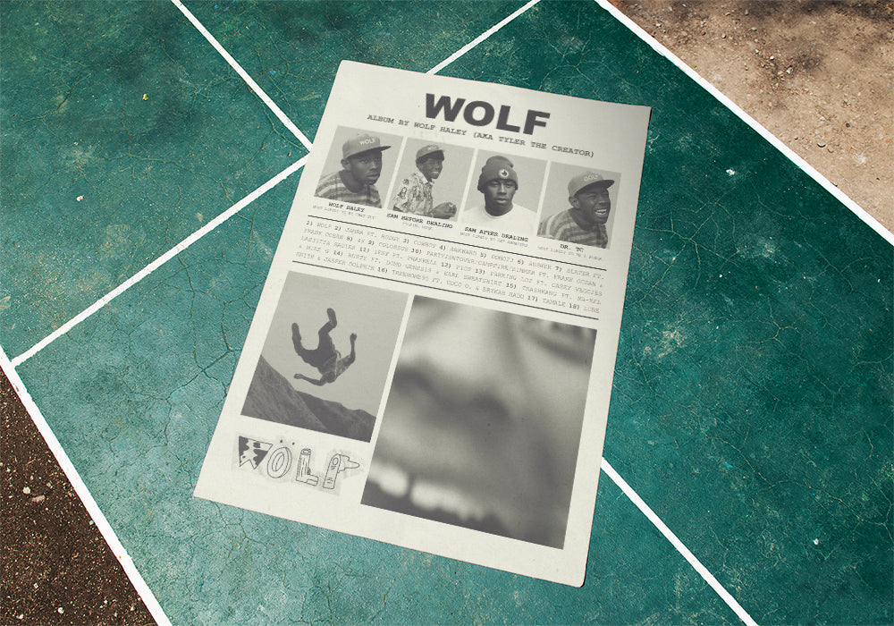 "WOLF" Tyler the Creator Yearbook-Style Vintage Poster in Newspaper Black
