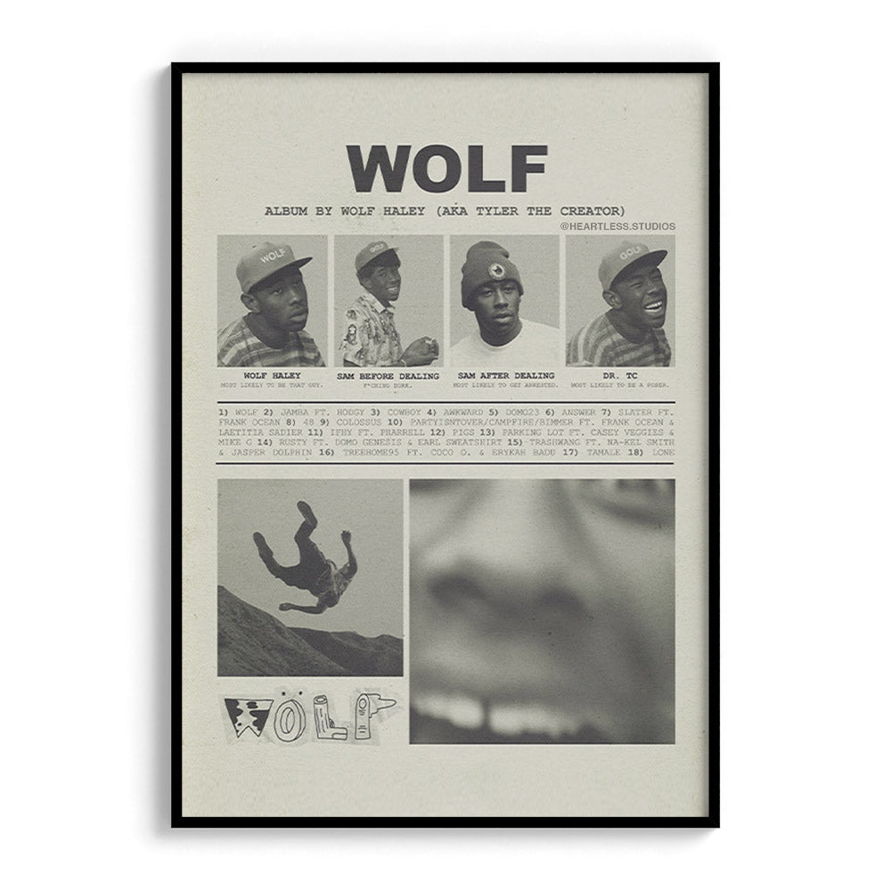 "WOLF" Tyler the Creator Yearbook-Style Vintage Poster in Newspaper Black