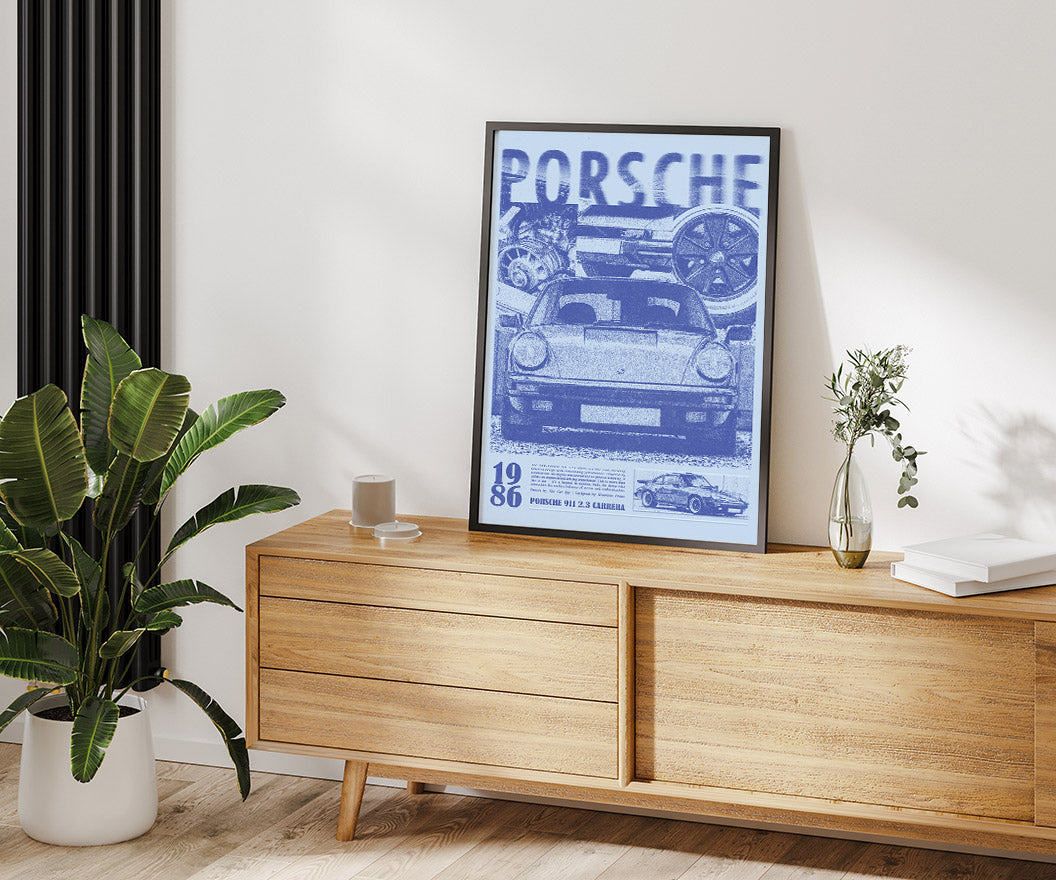 Porsche 911 Print Ad Poster in Hazy Blue